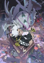  ariados asymmetrical_eyewear blonde_hair bug cascoon drowzee e_volution golisopod grey_hair guzma_(pokemon) highres hood hooded_jacket jacket karrablast leftovers_(pokemon) masquerain multicolored_hair net_ball pink_hair plumeria_(pokemon) poke_ball pokemon pokemon_(creature) salazzle scraggy shedinja team_skull team_skull_grunt team_skull_uniform trubbish weedle wimpod yellow-framed_eyewear z-crystal 