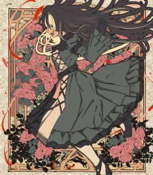  1girl belt black_belt black_gloves black_hair border cross-laced_clothes cross-laced_dress dress floral_background flower frilled_dress frills from_side gloves gothic_lolita highres hololive hololive_dev_is juufuutei_raden juufuutei_raden_(1st_costume) lolita_fashion long_hair looking_to_the_side makitekka multicolored_hair open_mouth outside_border rose solo streaked_hair two-tone_hair virtual_youtuber white_hair 