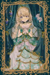  1girl aqua_eyes bare_shoulders blonde_hair blush bodice border bracelet braid braided_ponytail bustle camisole choker collarbone corset crinoline curtains dress earrings flower frilled_skirt frills fringe_trim full_body gem gold_bracelet gold_earrings gold_trim hair_ornament headband highres hoop_skirt indoors jewelry lace-trimmed_dress lace_trim lantern long_hair looking_at_viewer moosu necklace off_shoulder overskirt own_hands_together portrait rose shoujo_kageki_revue_starlight shoujo_kageki_revue_starlight_-re_live- sidelocks skirt sleeveless smile solo standing window yumeoji_shiori 