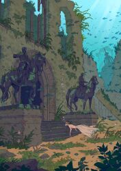  1girl absurdres air_bubble brick_wall brown_hair bubble crop_top diving english_commentary fish highres ionomycin kelp long_skirt mermaid monster_girl moss original ruins scenery skirt sleeveless solo_focus stairs starfish statue stone_stairs submerged turtleneck underwater underwater_city white_skirt 