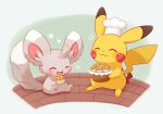  absurdres basket brick_floor chef_hat closed_eyes closed_mouth commentary_request food green_background hat heart highres holding holding_basket holding_food minccino muffin notice_lines open_mouth pikachu pokemon shii_(no-va_could) sitting smile standing 