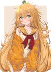  1girl blonde_hair blush character_name collarbone commentary_request cowboy_shot dress eip_(pepai) girls_frontline green_eyes hair_between_eyes hair_ornament hairclip interlocked_fingers long_hair looking_at_viewer messy_hair off_shoulder official_alternate_costume orange_sailor_collar orange_sweater s.a.t.8_(girls&#039;_frontline) s.a.t.8_(pumpkin_skewers)_(girls&#039;_frontline) sailor_collar simple_background sleeveless sleeveless_dress smile solo sweater very_long_hair wavy_mouth 