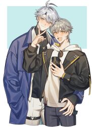  2boys 4gvg2g absurdres antenna_hair artist_name black-framed_eyewear black_jacket black_pants black_sweater blue_background blue_eyes blue_jacket blush border brown-tinted_eyewear caelus_(honkai:_star_rail) caelus_(world_tour_2023)_(honkai:_star_rail) cellphone chain chain_necklace closed_mouth collared_shirt commentary_request cowboy_shot fingernails gold_necklace grey_hair hair_between_eyes hair_over_one_eye hand_around_waist hand_in_pocket hands_up highres holding holding_phone honkai:_star_rail honkai_(series) hood hoodie jacket jewelry lapels long_sleeves looking_at_viewer male_focus multiple_boys necklace official_alternate_costume open_clothes open_jacket open_mouth open_shirt outside_border pants phainon_(honkai:_star_rail) phainon_(luckin_coffee)_(honkai:_star_rail) phone puffy_long_sleeves puffy_sleeves shirt short_hair simple_background smartphone smile standing sunglasses sweater thigh_strap tinted_eyewear trailblazer_(honkai:_star_rail) turtleneck turtleneck_sweater two-tone_background unworn_eyewear v white_background white_border white_hoodie white_pants white_shirt yellow_eyes 