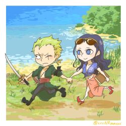  1boy 1girl bandana_around_arm black_boots blue_eyes book boots border chibi commentary eyewear_on_head full_body green_hair green_kimono high_heels holding holding_book holding_hands holding_sword holding_weapon japanese_clothes kimono long_hair nico_robin nikoban ocean one_eye_closed one_piece outdoors pink_sarong roronoa_zoro running sarong scar scar_across_eye scar_on_face short_hair smile sword twitter_username weapon white_border 