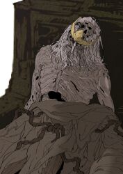  1boy balding beard commentary corpse crown death decay eeeeerosion elden_ring emaciated facial_hair godfrey_first_elden_lord gold_crown highres hollow_eyes long_beard long_hair pale_skin sitting sitting_on_throne throne topless_male white_beard white_hair 