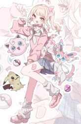  1other :3 :d akiyama_mizuki ankle_socks bandaid_on_thigh blue_eyes blue_skirt bow charm_(object) choker collarbone collared_shirt commentary_request crossover frilled_bow frills full_body hair_bow hand_on_own_thigh heart heart_choker highres jigglypuff loafers long_sleeves looking_at_viewer loose_socks medium_hair mimikyu miniskirt nail_polish neckerchief open_mouth other_focus outline pink_bow pink_choker pink_eyes pink_hair pink_nails pink_shoes pink_sweater plaid_clothes plaid_skirt pleated_skirt poke_ball pokemon pokemon_(creature) project_sekai puffy_long_sleeves puffy_sleeves shafu!_(404not_found) shirt shoes side_ponytail sidelocks simple_background skirt smile socks solo standing standing_on_one_leg sweater sylveon twitter_username v white_background white_bow white_neckerchief white_outline white_socks zoom_layer 
