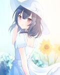  1girl arm_up back black_hair blurry blurry_background blush closed_mouth dot_nose dress flower hair_between_eyes hat idolmaster idolmaster_shiny_colors irohvs looking_at_viewer looking_back morino_rinze red_eyes short_hair short_sleeves smile solo summer sun_hat sunflower sunlight white_dress 