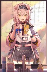  1girl ahoge animal_ears arknights black_hairband black_skirt blue_bow bow braid cat_ears cat_girl cellphone commentary_request cowboy_shot ev-oo faucet garter_straps goldenglow_(arknights) grey_jacket hair_bow hair_ornament hairband hairclip highres holding holding_phone id_card indoors jacket lanyard lightning_bolt_print long_hair looking_at_object miniskirt mirror_selfie multicolored_jacket open_clothes open_jacket open_mouth phone pink_hair pink_jacket pleated_skirt selfie shirt side_braid skirt smartphone solo standing tile_wall tiles white_shirt yellow_eyes 