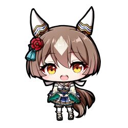  1girl :d animal_ears blue_hakama blue_sandals brown_eyes brown_hair chibi flower full_body hair_between_eyes hair_flower hair_ornament hakama hakama_short_skirt hakama_skirt highres horse_ears horse_girl horse_tail japanese_clothes kimono kuena long_hair long_sleeves looking_at_viewer multicolored_hair own_hands_together red_flower sandals satono_diamond_(floral_star_prosperous_green)_(umamusume) satono_diamond_(umamusume) shide simple_background skirt smile socks solo standing tabi tail teeth two-tone_hair umamusume upper_teeth_only very_long_hair white_background white_hair white_kimono white_socks wide_sleeves zouri 