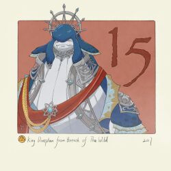 1boy blue_skin character_name colored_skin commentary copyright_name crown dorephan english_commentary fins fish_boy head_fins highres jewelry looking_at_viewer male_focus red_background solo the_legend_of_zelda the_legend_of_zelda:_breath_of_the_wild triforce yangyaozigo zora