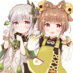  2girls :d bell blunt_bangs bow-shaped_hair bracelet braid brown_eyes brown_hair cape chinese_clothes commentary_request detached_sleeves dress genshin_impact gradient_hair green_eyes hair_bell hair_between_eyes hair_ornament jewelry jingle_bell leaf_hair_ornament long_hair long_sleeves looking_at_viewer multicolored_hair multiple_girls nahida_(genshin_impact) paw_pose pocket pointy_ears short_sleeves side_ponytail sidelocks simple_background single_braid smile symbol-shaped_pupils tutsucha_illust two-tone_hair white_background white_dress white_hair yaoyao_(genshin_impact) 