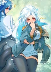  2girls artist_name bike_shorts black_dress black_thighhighs blue_hair blue_jacket blush breasts commentary_request dated dizzy_(guilty_gear) dress embarrassed flower guilty_gear guilty_gear_strive hair_flower hair_ornament highres hugging_another's_tail hugging_tail jacket large_breasts long_hair looking_back mother_and_daughter multiple_girls queen_dizzy red_eyes rokusuijo sidelocks smile swept_bangs tail tail_wrap thick_eyelashes thick_thighs thigh-highs thighs unika_(guilty_gear) zettai_ryouiki 