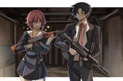  +_+ 1boy 1girl ak-47 artist_request assault_rifle black_hair black_jacket black_pants blush chaos;child chest_bow collarbonw collared_shirt commission counter-strike_(series) gun hair_between_eyes hekiho_academy_school_uniform highres holding holding_gun holding_weapon jacket kalashnikov_rifle long_sleeves looking_at_viewer minismirt miyashiro_takuru necktie onoe_serika open_mouth pants pink_hair red_necktie rifle school_uniform science_adventure shirt shirt_tucked_in short_hair smile thighs trigger_discipline weapon weapon_request white_shirt 