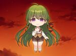  1girl ahoge braid chibi dusk full_body green_hair hand_on_own_chest highres long_hair looking_at_viewer may_(2747513627) pleated_skirt sayonara_wo_oshiete school_uniform shirt side_braids skirt sky smile solo sugamo_mutsuki twilight underbust very_long_hair vest violet_eyes white_shirt 