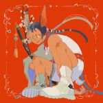  1boy absurdres animal_ears chinese_new_year chinese_zodiac collar flower framed grin highres looking_at_viewer mochipanko open_mouth rabbit_ears rabbit_tail red_collar red_theme sheath sheathed shirt shorts sleeveless smile squatting sword tail tan weapon white_flower white_footwear white_shirt white_shorts yellow_eyes 