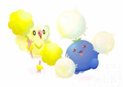  :3 animal_focus beak bird commentary_request full_body jumpluff no_humans open_mouth oricorio oricorio_(pom-pom) pocketekcop pokemon pokemon_(creature) pokemon_focus red_eyes simple_background smile white_background wings 