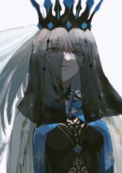  1girl absurdres blue_eyes crown dress fate/grand_order fate_(series) hair_between_eyes highres long_hair looking_at_viewer mayonakaniwa morgan_le_fay_(fate) morgan_le_fay_(queen_of_winter)_(fate) ponytail simple_background solo spikes two-tone_dress veil very_long_hair white_background white_hair 