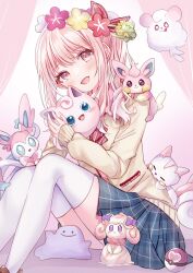 1other :d absurdres akiyama_mizuki alcremie blue_skirt blush bow bowtie cardigan character_request collared_shirt comfey commentary_request curtains diagonal-striped_bow diagonal-striped_bowtie diagonal-striped_clothes ditto feet_out_of_frame flower full_body gradient_background hair_between_eyes hair_bow hair_flower hair_ornament hair_over_shoulder head_tilt highres holding holding_pokemon jigglypuff kamiyama_high_school_uniform_(project_sekai) knees_up long_sleeves medium_hair miniskirt on_shoulder open_mouth other_focus pachirisu pawmi pink_background pink_eyes pink_flower pink_hair plaid_clothes plaid_skirt pleated_skirt pokemon pokemon_(creature) pokemon_on_shoulder project_sekai puffy_long_sleeves puffy_sleeves red_bow red_bowtie red_flower school_uniform shafu!_(404not_found) shiny_pokemon shirt side_ponytail sidelocks simple_background sitting skirt smile solo striped_bow striped_bowtie striped_clothes swept_bangs swirlix sylveon thigh-highs white_background white_flower white_shirt white_thighhighs yellow_cardigan yellow_flower zettai_ryouiki