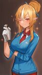  1girl bartender blonde_hair blush breast_pocket breasts cocktail_shaker collared_shirt dark-skinned_female dark_skin gloves highres hololive large_breasts long_hair long_sleeves one_eye_closed pocket pointy_ears red_eyes shiranui_flare shirt smile solo sparkle standing tungsten_(kwfr4544) very_long_hair virtual_youtuber white_gloves white_hair 