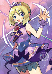  1girl anidler91 blonde_hair blush breasts dress hair_between_eyes headband highres irida_(anniversary_2025)_(pokemon) irida_(pokemon) looking_at_viewer neckerchief official_alternate_costume open_mouth pokemon pokemon_masters_ex purple_dress purple_headband purple_neckerchief purple_shorts purple_wrist_cuffs short_hair shorts shorts_under_dress sleeveless sleeveless_dress smile wrist_cuffs 
