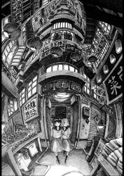  2girls absurdly_detailed_composition absurdres building commentary_request complex_exterior greyscale highres ibsukionsen landscape lantern monochrome multiple_girls original paper_lantern scenery school_uniform security_shutter sign sliding_doors window yellow_background 