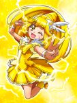  1girl blonde_hair blush boots bow choker cure_peace double_v full_body hair_flaps highres kise_yayoi long_hair magical_girl mayena official_style one_eye_closed open_mouth ponytail precure puffy_short_sleeves puffy_sleeves short_sleeves skirt smile smile_precure! solo tiara v wide_ponytail wing_hair_ornament wrist_cuffs yellow_bow yellow_eyes yellow_skirt yellow_theme 