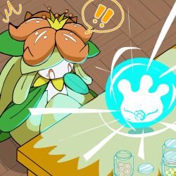  ! !! 1girl ^^^ colored_sclera colored_skin commentary_request crown evolution floating flower glowing green_hair green_skin hair_flower hair_ornament hand_to_own_mouth hand_up highres indoors jar lilligant long_hair milcery mini_crown monster_girl monya orange_sclera partial_commentary plant_girl pokemon pokemon_(creature) red_flower speech_bubble spoken_exclamation_mark standing table white_eyes white_skin wooden_floor yellow_crown 