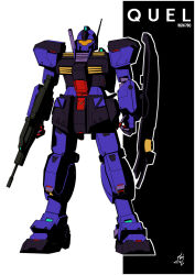  assault_rifle character_name english_commentary gm_(mobile_suit) gm_quel gun gundam gundam_0083 highres kryuchekov machinery mecha mecha_focus mobile_suit no_humans orange_visor rifle robot science_fiction shield signature titans_(gundam) weapon 