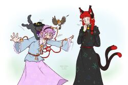  2girls absurdres animal_ear_fluff animal_ears black_dress black_hat blue_shirt braid cat_ears cat_girl cat_tail closed_eyes commentary dated dress english_commentary english_text extra_ears gift_art green_background hat heart highres kaenbyou_rin komeiji_koishi komeiji_koishi_(cat) komeiji_satori long_sleeves multiple_girls multiple_tails pink_hair pink_skirt red_hair reiuji_utsuho reiuji_utsuho_(bird) satonyatorin shirt short_hair side_braids skirt tail third_eye touhou twin_braids twitter_username two_tails 