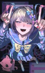  1girl absurdres blonde_hair blue_bow blue_eyes blue_sailor_collar blue_serafuku blue_shirt blue_shoes blue_skirt blush bow chouzetsusaikawa_tenshi-chan hair_bow heart heart-shaped_eyes highres holographic_clothing long_sleeves looking_at_viewer mareru multicolored_hair multicolored_nails multiple_hair_bows needy_girl_overdose open_mouth pin pink_bow purple_bow sailor_collar school_uniform serafuku shirt shoes skirt solo tears twintails yellow_bow 