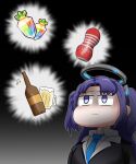  1girl alcohol beer beer_bottle beer_mug blazer blue_archive c/h collared_shirt cup english_commentary gem hair_ornament halo highres imagining jacket korean_commentary long_hair mixed-language_commentary mug necktie parted_bangs purple_hair school_uniform shirt sidelocks solo tenga thought_bubble two_side_up violet_eyes 