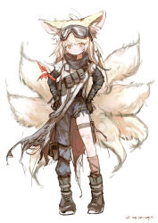  1girl absurdres animal_ears arknights black_scarf blonde_hair closed_mouth commentary dated fox_ears fox_girl fox_tail full_body goggles goggles_on_head highres kitsune kyuubi long_hair multiple_tails official_alternate_costume pppmepl scarf signature simple_background solo standing suzuran_(arknights) suzuran_(lostlands_flowering)_(arknights) tail white_background yellow_eyes 