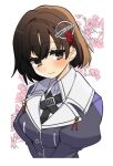  1girl black_hair blush border brown_eyes cherry_blossoms closed_mouth haguro_(kancolle) hair_ornament higaragi highres jacket juliet_sleeves kantai_collection light_smile long_sleeves outline puffy_sleeves purple_jacket short_hair solo uniform upper_body white_border white_outline 