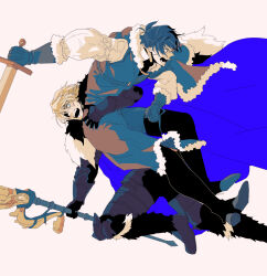  2boys angry areadbhar_(fire_emblem) arm_around_waist armor black_armor blonde_hair blue_cape blue_eyes blue_hair boots cape capelet carrying carrying_person commentary commentary_request dimitri_alexandre_blaiddyd dimitri_alexandre_blaiddyd_(timeskip) eyepatch felix_hugo_fraldarius felix_hugo_fraldarius_(timeskip) fire_emblem fire_emblem:_three_houses fur-trimmed_boots fur-trimmed_cape fur-trimmed_capelet fur-trimmed_gloves fur_trim furious gloves holding holding_polearm holding_sword holding_weapon izgald long_sleeves looking_back male_focus multiple_boys one_eye_covered open_mouth polearm shirt shouting simple_background sword teeth tunic weapon white_background white_shirt 