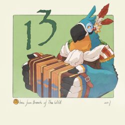  1boy accordion beak bird_boy character_name commentary copyright_name english_commentary feather_hair_ornament feathers green_background hair_ornament highres holding holding_instrument instrument kass male_focus rito solo the_legend_of_zelda the_legend_of_zelda:_breath_of_the_wild triforce yangyaozigo 