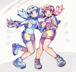  2girls alternate_color anidler91 bike_shorts blue_eyes blue_hair blue_shirt blush breasts cropped_jacket hat holding holding_poke_ball jacket kris_(pokemon) long_hair long_sleeves love_ball moon_ball multiple_girls open_clothes open_jacket open_mouth pink_eyes pink_hair pink_shirt poke_ball pokemon pokemon_gsc shirt shoes shorts simple_background smile twintails white_jacket yellow_hat yellow_shorts 