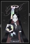  1other androgynous belt black_eyes black_gloves black_hair bort bouquet character_name closed_mouth collared_shirt colored_inner_hair colored_skin elbow_gloves flower framed gem_uniform_(houseki_no_kuni) gloves halo highres holding holding_bouquet houseki_no_kuni lace lace_ribbon long_hair looking_at_viewer minjye multicolored_hair necktie other_focus puffy_short_sleeves puffy_sleeves redhead ribbon serious shirt short_sleeves solo straight-on straight_hair stuffed_animal stuffed_toy teddy_bear two-tone_hair v-shaped_eyebrows very_long_hair white_belt white_shirt white_skin 