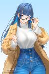  1girl absurdres blue_eyes blue_hair breasts coat denim earrings glasses highres hololive hololive_english jeans jewelry large_breasts multicolored_hair olga_korezky open_clothes open_coat ouro_kronii pants solo two-tone_hair virtual_youtuber 