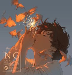  1boy brown_hair closed_eyes english_text fish gradient_background grey_background grey_shirt hands_up head_back highres male_focus original own_hands_together parted_lips rido_(ridograph) shirt short_hair short_sleeves solo sparkle teeth watermark 