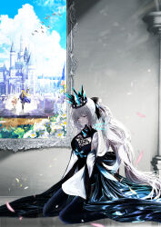  3girls absurdres aesc_(fate) antinese bird black_bow black_dress blonde_hair bow braid closed_eyes crown dress dual_persona fate/grand_order fate_(series) habetrot_(fate) hair_between_eyes hair_bow half_up_braid hat highres holding holding_staff long_hair mage_staff morgan_le_fay_(fate) morgan_le_fay_(queen_of_winter)_(fate) multiple_girls painting_(object) pink_hair ponytail sitting smile spikes staff two-tone_dress very_long_hair white_hair 