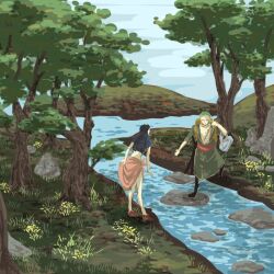  1boy 1girl bag black_boots blue_jacket boots cropped_jacket green_hair green_kimono high_heels jacket japanese_clothes kimono nico_robin nikoban one_piece outdoors pink_sarong roronoa_zoro sarong sash shoulder_bag stitched_torso stitches 