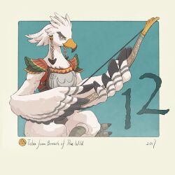  1boy beak blue_background bow_(weapon) braided_sidelocks character_name commentary copyright_name english_commentary feathers highres holding holding_bow_(weapon) holding_weapon male_focus rito solo teba_(zelda) the_legend_of_zelda the_legend_of_zelda:_breath_of_the_wild triforce weapon white_feathers yangyaozigo 