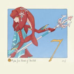  1girl blue_background character_name colored_skin commentary copyright_name english_commentary fins fish_girl from_behind head_fins highres holding holding_polearm holding_weapon jewelry looking_to_the_side mipha polearm red_skin solo the_legend_of_zelda the_legend_of_zelda:_breath_of_the_wild trident triforce weapon yangyaozigo yellow_eyes zora 