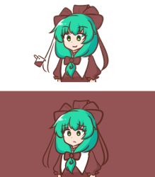  1girl bow bucket closed_mouth front_ponytail green_eyes green_hair hair_bow kagiyama_hina looking_at_viewer mizusoba red_bow short_sleeves solo touhou upper_body 
