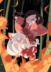  2girls absurdres angry artist_name bamboo bamboo_forest black_hair bow branch clenched_teeth closed_eyes crossed_arms empty_eyes fire flat_color forest fujiwara_no_mokou hair_bow highres hime_cut houraisan_kaguya jeweled_branch_of_hourai long_hair long_sleeves middle_finger mobcap multiple_girls multiple_hair_bows nature no_lineart open_mouth pants red_bow red_pants red_skirt red_suspenders red_trim sharp_teeth shirt skirt teeth touhou two-tone_bow white_bow white_hair white_shirt wide_sleeves 