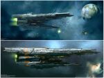  artist_name carrier commentary concept_art damaged david-holland eve_online flying glowing nebula no_humans original outdoors planet science_fiction sky space spacecraft star_(sky) starry_sky thrusters vehicle_focus 