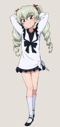  1girl anchovy_(girls_und_panzer) arms_behind_head black_bow black_bowtie black_shoes black_skirt blouse bow bowtie brown_eyes char&#039;s_counterattack closed_mouth collared_shirt commentary_request cosplay drill_hair flats full_body girls_und_panzer green_hair grey_background gundam hair_ribbon highres kayabakoro long_hair long_sleeves looking_at_viewer miniskirt quess_paraya quess_paraya_(cosplay) red_ribbon ribbon shirt shoes simple_background skirt smile socks solo standing tied_shirt twin_drills twintails white_shirt white_socks 