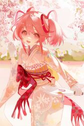  1girl :d absurdres checkered_sash cherry_blossoms cowboy_shot day floral_print floral_print_kimono gloves hagoita hair_ribbon han&#039;eri hand_up highres holding holding_paddle japanese_clothes kaname_madoka kaname_madoka_(haregi_ver.) kimono kyubey light_blush magia_record:_mahou_shoujo_madoka_magica_gaiden mahou_shoujo_madoka_magica obi objectification official_alternate_costume outdoors paddle pink_eyes pink_hair pink_kimono polka_dot print_kimono red_ribbon red_sash ribbon sash short_hair short_twintails sidelocks sliencio smile solo twintails vertical-striped_sash watermark weibo_watermark white_gloves white_ribbon wide_sleeves yellow_sash 