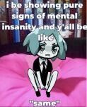  1other androgynous aqua_eyes aqua_hair between_legs black_shirt collared_shirt colored_skin crying crying_with_eyes_open english_text gem_uniform_(houseki_no_kuni) hand_between_legs houseki_no_kuni iciriini knees_up meme necktie open_mouth other_focus parody parted_bangs phosphophyllite photo-referenced photo_(medium) photo_background photo_editing puffy_short_sleeves puffy_sleeves real_life reference_photo shirt short_hair short_jumpsuit short_sleeves sitting solo tearing_up tears white_shirt white_skin wing_collar 