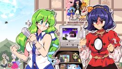  6+girls :d angry animal_ears architecture bare_shoulders bear_trap bird black_skirt blonde_hair blue_eyes blue_hair blue_skirt blush bow breasts collared_shirt controller cross-laced_clothes cross-laced_dress dog_ears double-parted_bangs dress east_asian_architecture eyepatch family_portrait frog_hair_ornament game_console game_controller green_hair grey_dress grey_hair hair_ornament hair_tubes hakurei_reimu hat health_bar high_ponytail highres hijiri_byakuren himemushi_momoyo kawashiro_nitori kochiya_sanae kumoi_ichirin large_breasts layered_dress leaf_hair_ornament long_hair long_sleeves medium_hair mirror mitsugashira_enoko mononobe_no_futo mouse_ears multiple_girls multiple_tails nazrin open_mouth own_hands_together parted_bangs patterned_clothing photo_(object) picture_frame pink_skirt playing_games ponytail poster_(object) print_skirt purple_hair red_bow red_shirt reiuji_utsuho reiuji_utsuho_(bird) rhythm_pagi sharp_teeth shiki_eiki shirt single_hair_tube single_sidelock skirt skirt_set sky sleeveless sleeveless_shirt smile snake_hair_ornament sparkle sweat tail tate_eboshi teeth television toramaru_shou touhou unzan v-shaped_eyebrows white_hair white_sleeves wii wii_remote wing_collar yasaka_kanako yellow_eyes yellow_skirt yukkuri_shiteitte_ne zun_(artist) 